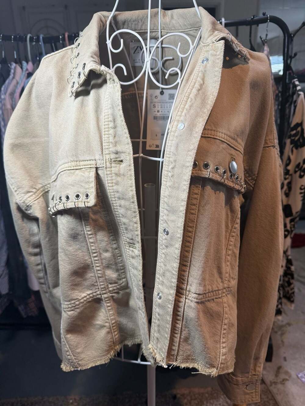 Zara Cropped Overshirt with Piercing Detail Tan Jacket